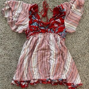 Red and Pink Flutter Sleeve Blouse with Ruffled Design